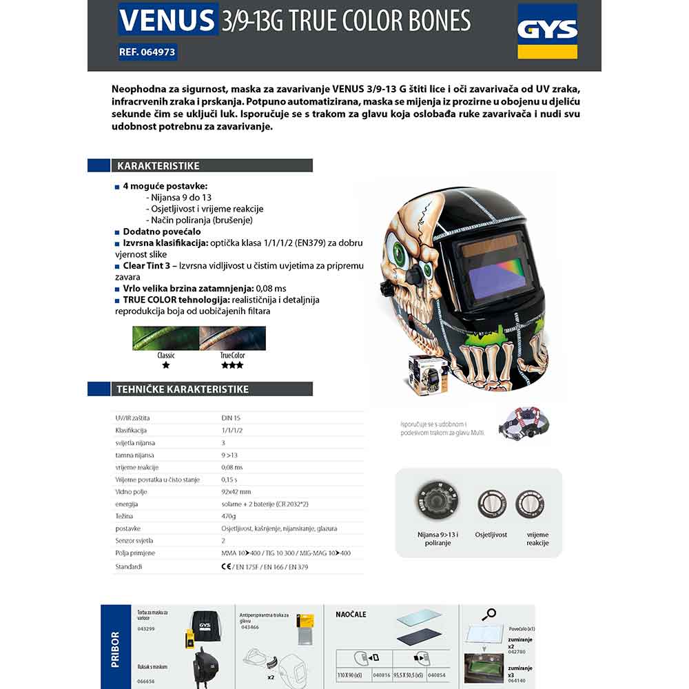 Gys Maska Za Zavarivanje Automatska LCD Venus 9/13 G Bones True Color - 064973 - Slika 6