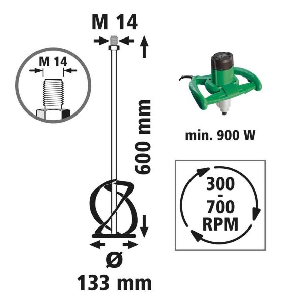 Wolfcraft Mješač Za Malter i Ljepilo fi 133 x 600 mm Prihvat M14 - 1710000 - Slika 3