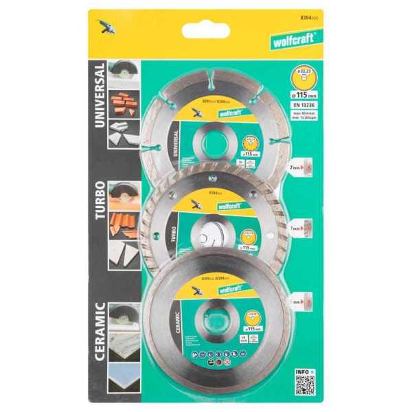 Wolfcraft Set Dijamantnih Reznih Ploča "Universal + Turbo + Ceramic" fi 115 × 22,23 mm / 3 dijelni - 8394000 - Slika 2