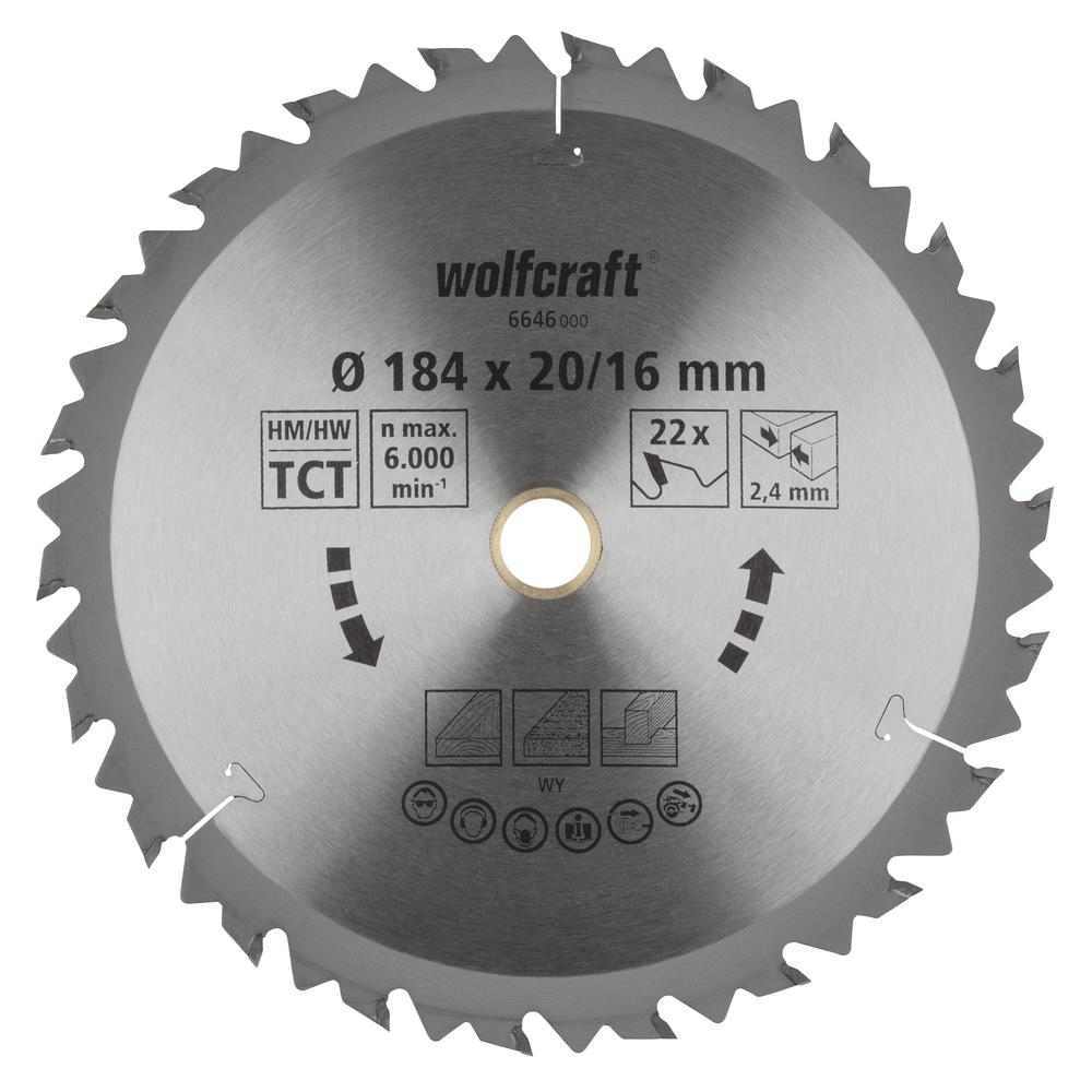 Wolfcraft List Kružne Pile 184 x 2,4 x 20 / 16 mm / Z=22 TCT (brzi, grubi rezovi) Za Ručne Kružne Pile – 6646000
