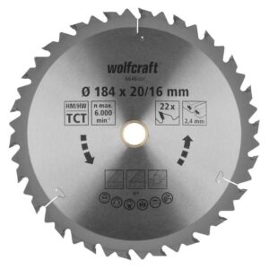 Wolfcraft List Kružne Pile 184 x 2,4 x 20 / 16 mm / Z=22 TCT (brzi, grubi rezovi) Za Ručne Kružne Pile – 6646000