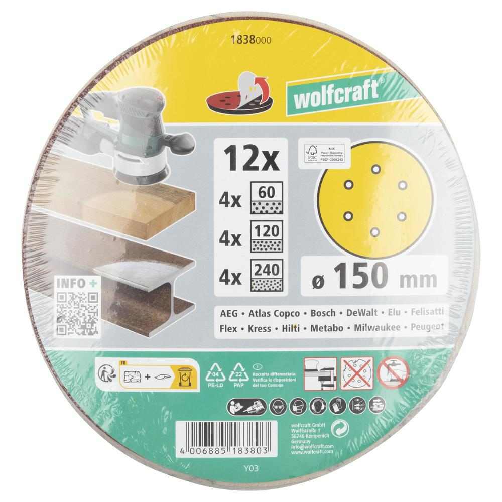 Wolfcraft Papir Brusni Čičak fi 150 mm Set GR. 60, 120, 240 Drvo / Metal / 12 dijelni – 1838000 - Slika 7