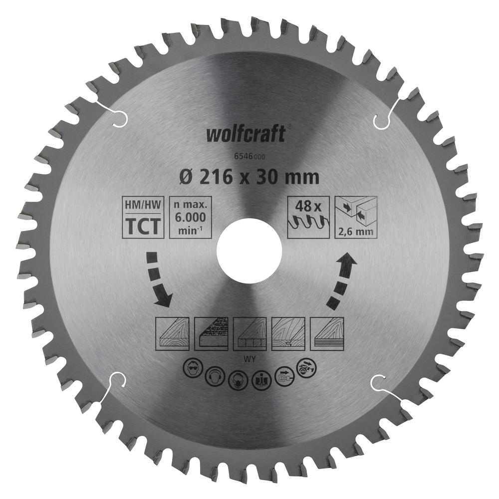 Wolfcraft List Kružne Pile 216 x 2,6 x 30 mm / Z=48 TCT (fini, čisti rezovi) Za Preklopne Pile – 6546000