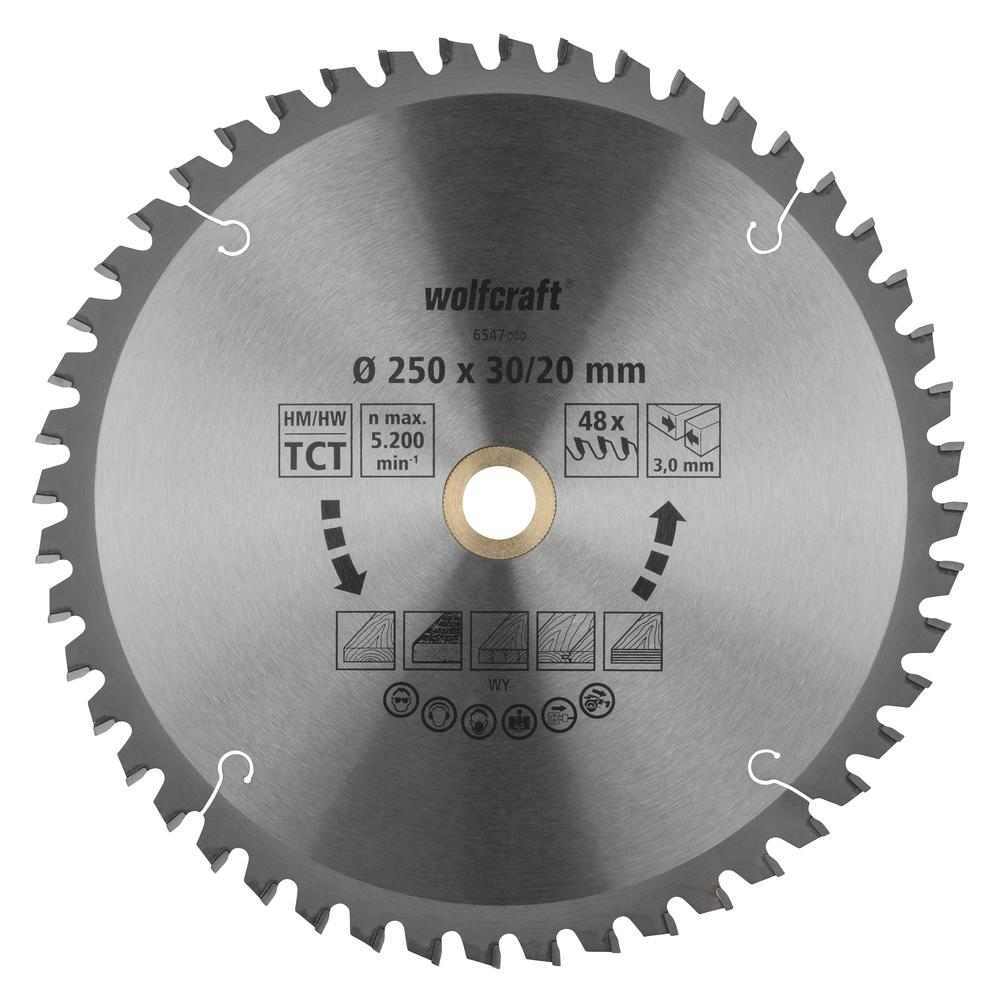 Wolfcraft List Kružne Pile 250 x 3,0 x 30 / 20 mm / Z=48 TCT (fini, čisti rezovi) Za Preklopne Pile – 6547000
