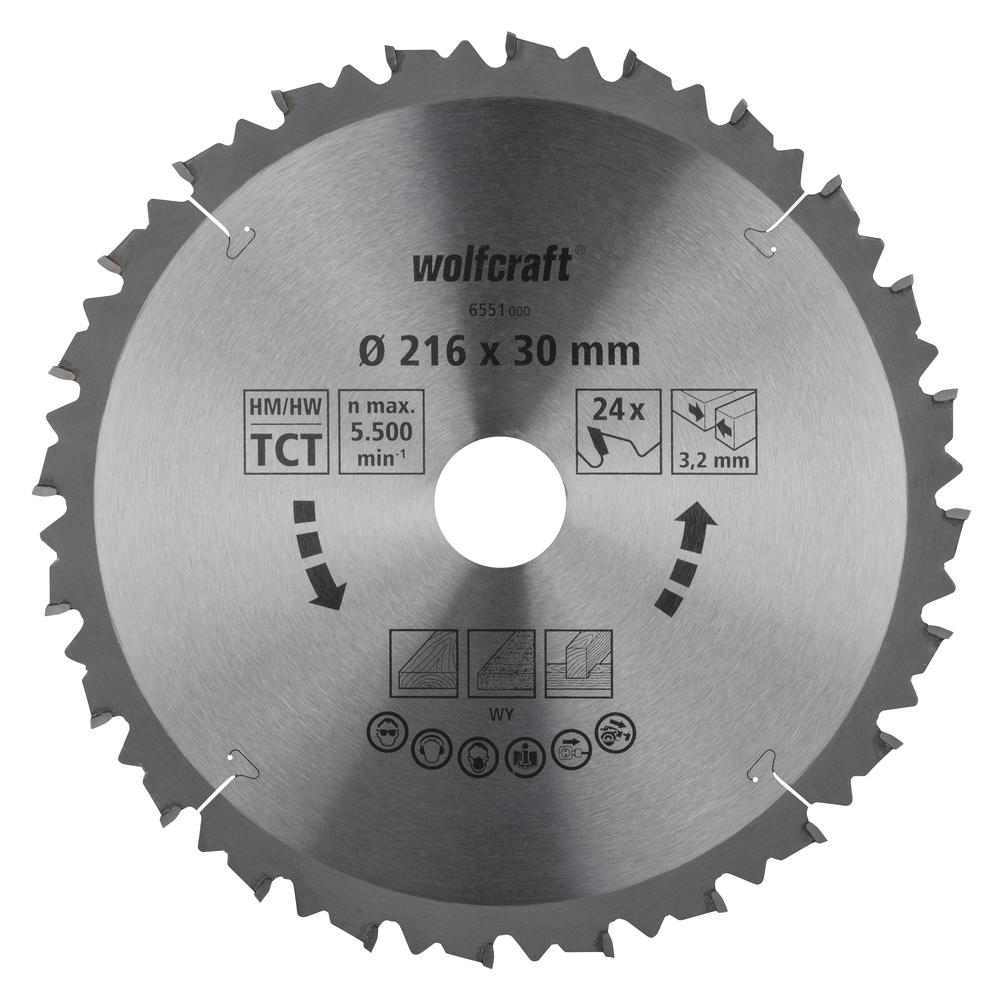 Wolfcraft List Kružne Pile 216 x 3,2 x 30 mm / Z=24 TCT (brzi, grubi rezovi) Za Preklopne Pile – 6551000