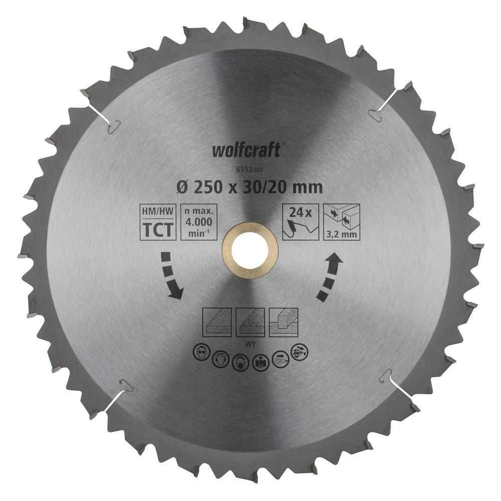 Wolfcraft List Kružne Pile 250 x 3,2 x 30 / 20 mm / Z=24 TCT (brzi, grubi rezovi) Za Preklopne Pile – 6552000