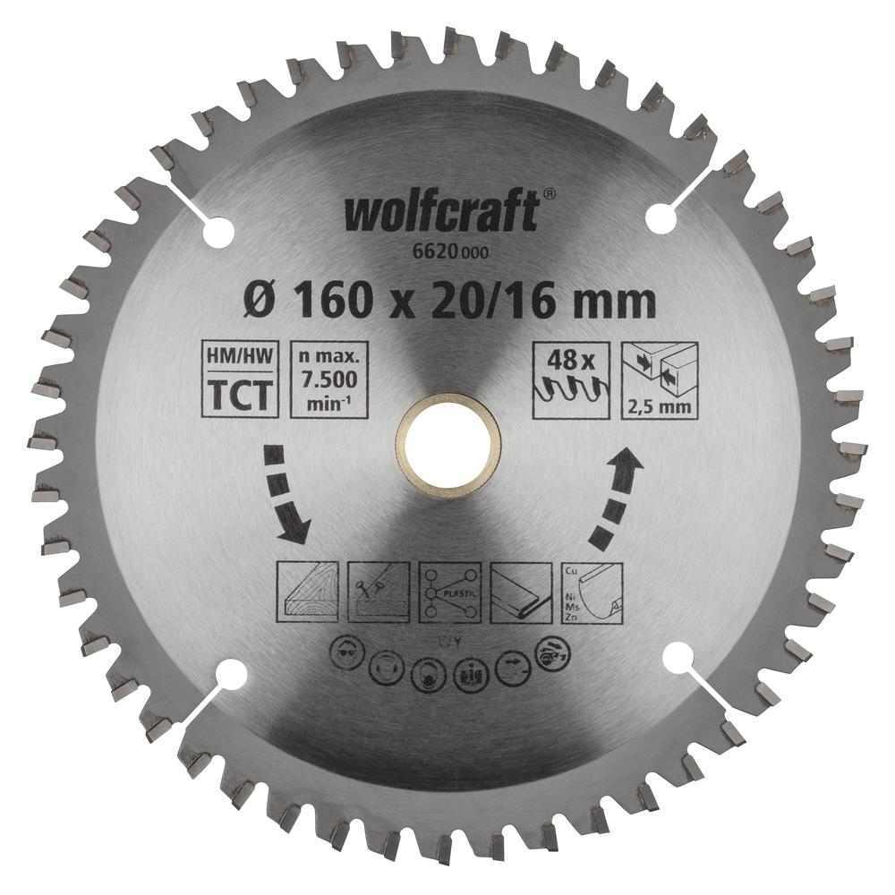 Wolfcraft List Kružne Pile 160 x 2,5 x 20 / 16 mm / Z=48 TCT (čisti rezovi) Za Ručne Kružne Pile – 6620000