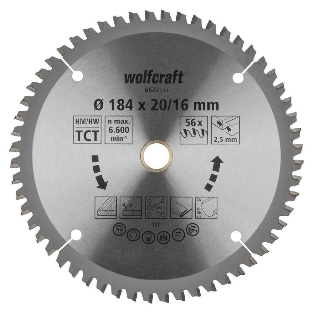 Wolfcraft List Kružne Pile 184 x 2,5 x 20 / 16 mm / Z=56 TCT (čisti rezovi) Za Ručne Kružne Pile – 6622000