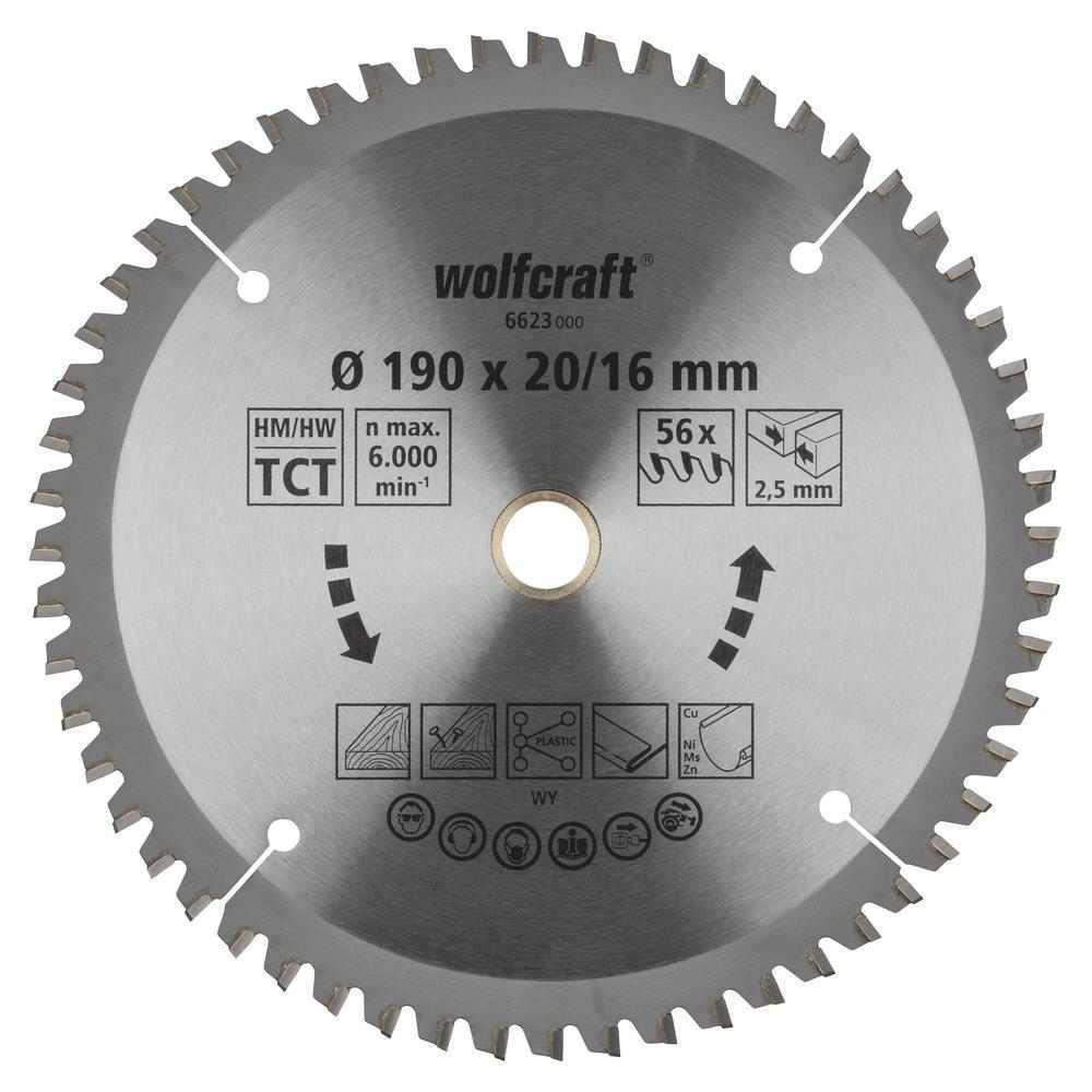 Wolfcraft List Kružne Pile 190 x 2,5 x 20 / 16 mm / Z=56 TCT (čisti rezovi) Za Ručne Kružne Pile – 6623000