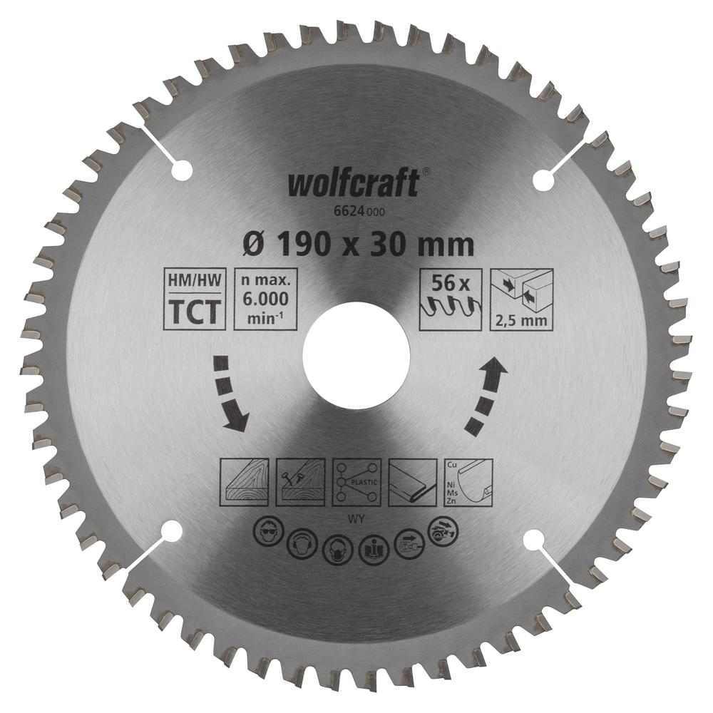Wolfcraft List Kružne Pile 190 x 2,5 x 30 mm / Z=56 TCT (čisti rezovi) Za Ručne Kružne Pile – 6624000