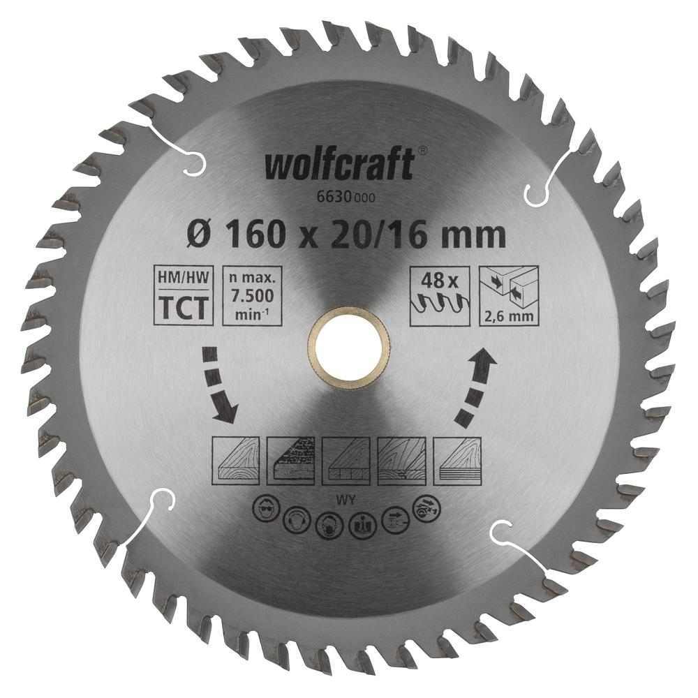 Wolfcraft List Kružne Pile 160 x 2,6 x 20 / 16 mm / Z=48 TCT (fini, čisti rezovi) Za Ručne Kružne Pile – 6630000