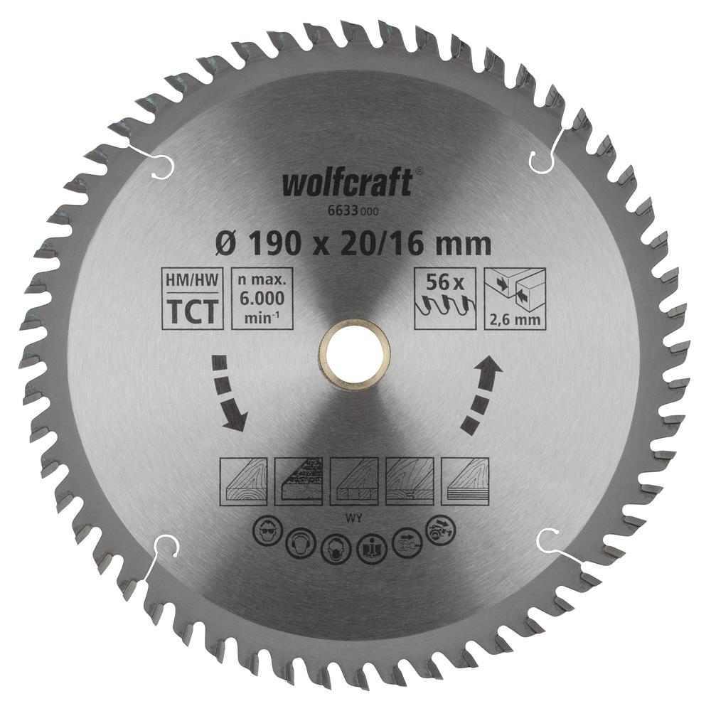 Wolfcraft List Kružne Pile 190 x 2,6 x 20 / 16 mm / Z=56 TCT (fini, čisti rezovi) Za Ručne Kružne Pile – 6633000