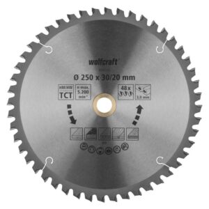 Wolfcraft List Kružne Pile 250 x 3,0 x 30 / 20 mm / Z=48 TCT (fini, čisti rezovi) Za Preklopne Pile – 6547000