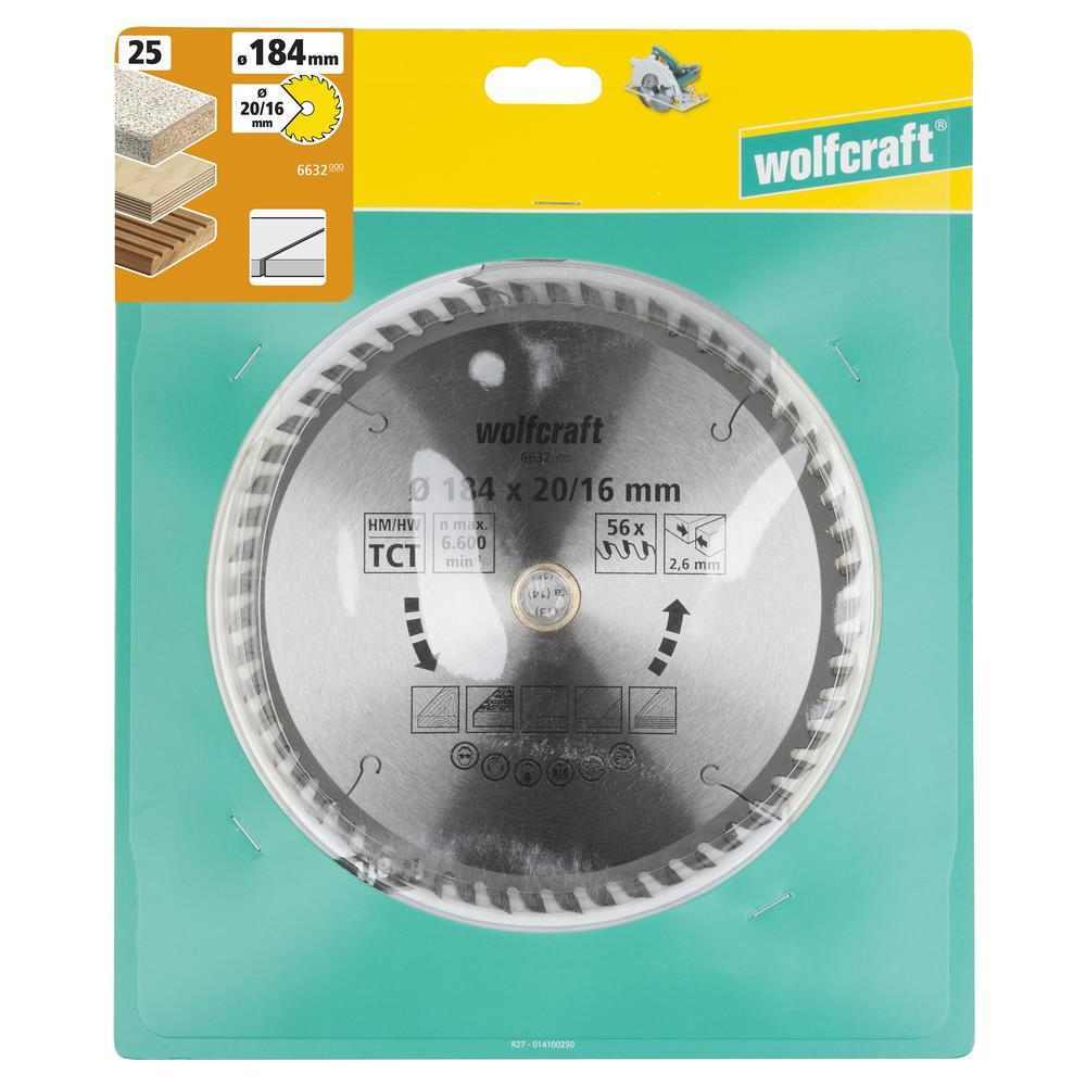 Wolfcraft List Kružne Pile 184 x 2,6 x 20 / 16 mm / Z=56 TCT (fini, čisti rezovi) Za Ručne Kružne Pile – 6632000 - Slika 6