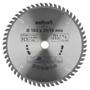 Wolfcraft List Kružne Pile 184 x 2,6 x 20 / 16 mm / Z=56 TCT (fini, čisti rezovi) Za Ručne Kružne Pile – 6632000
