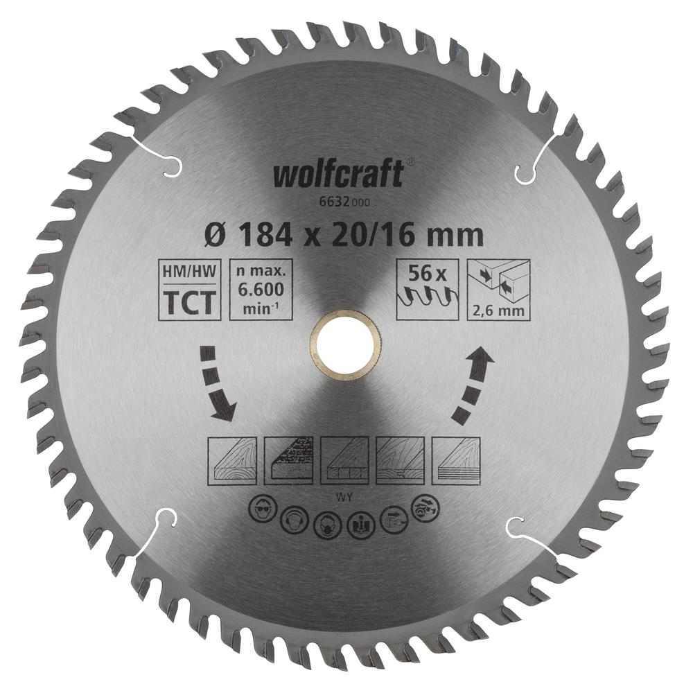 Wolfcraft List Kružne Pile 184 x 2,6 x 20 / 16 mm / Z=56 TCT (fini, čisti rezovi) Za Ručne Kružne Pile – 6632000