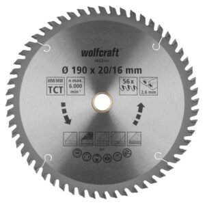 Wolfcraft List Kružne Pile 190 x 2,6 x 20 / 16 mm / Z=56 TCT (fini, čisti rezovi) Za Ručne Kružne Pile – 6633000