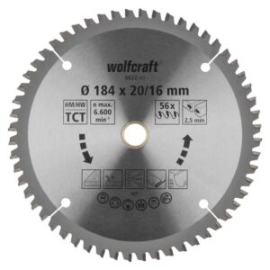 Wolfcraft List Kružne Pile 184 x 2,5 x 20 / 16 mm / Z=56 TCT (čisti rezovi) Za Ručne Kružne Pile – 6622000