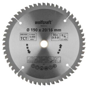 Wolfcraft List Kružne Pile 190 x 2,5 x 20 / 16 mm / Z=56 TCT (čisti rezovi) Za Ručne Kružne Pile – 6623000